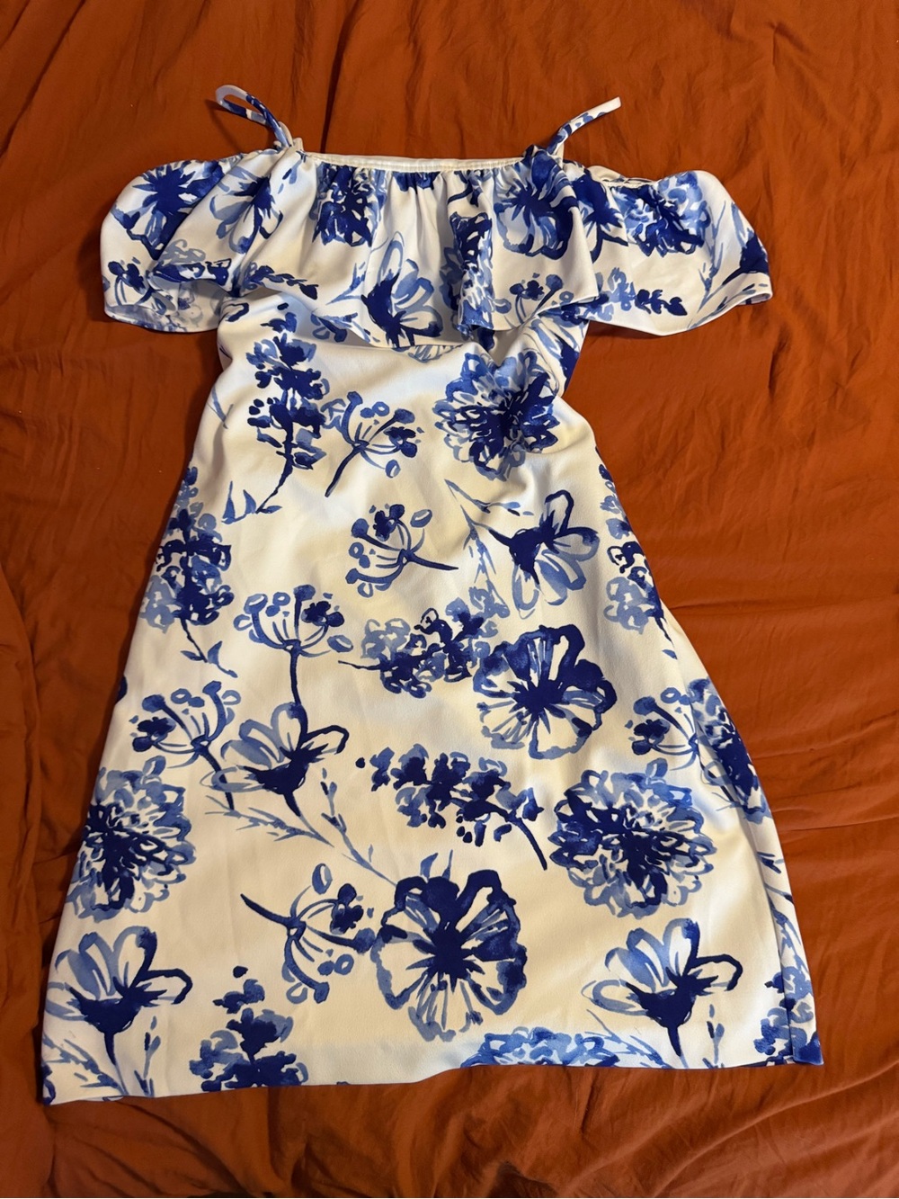 Ralph Lauren White Midi Dress with Blue Floral Print, sz 10